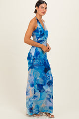 Blue Floral Halter Mesh Maxi Dress