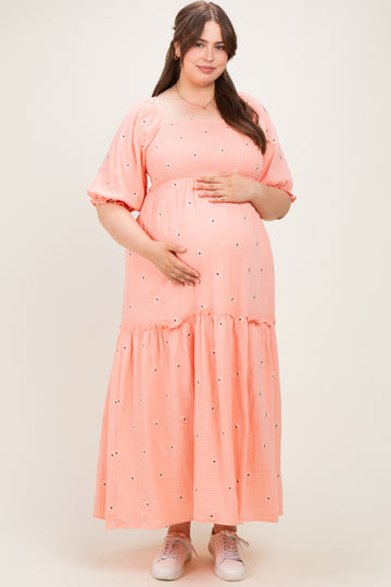 Light Pink Floral Smocked Puff Sleeve Plus Maternity Maxi Dress