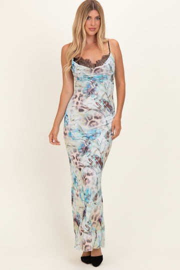 Light Blue Floral Lace Mesh Maxi Dress