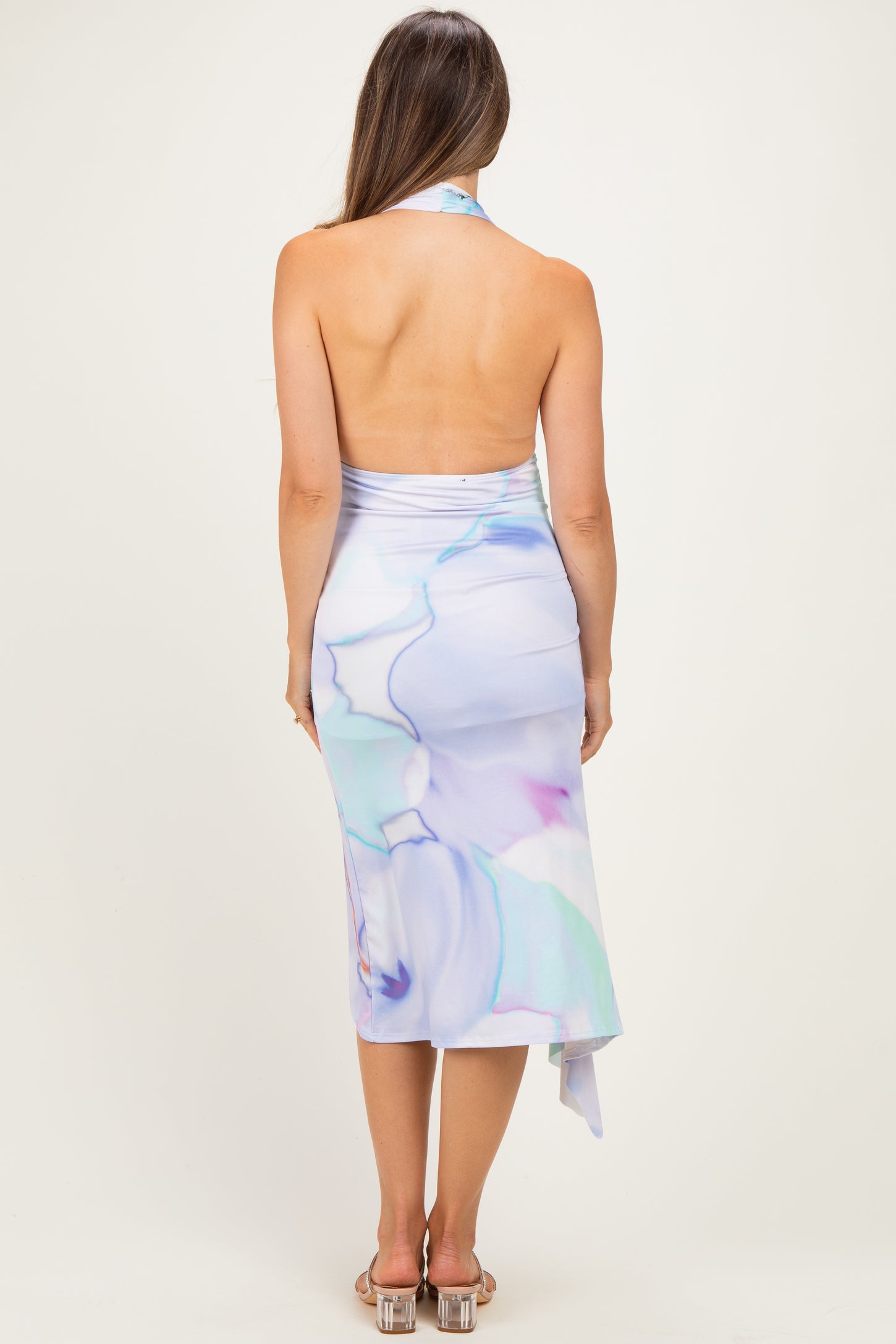 Lilac Print Asymmetrical Halter Maternity Midi Dress