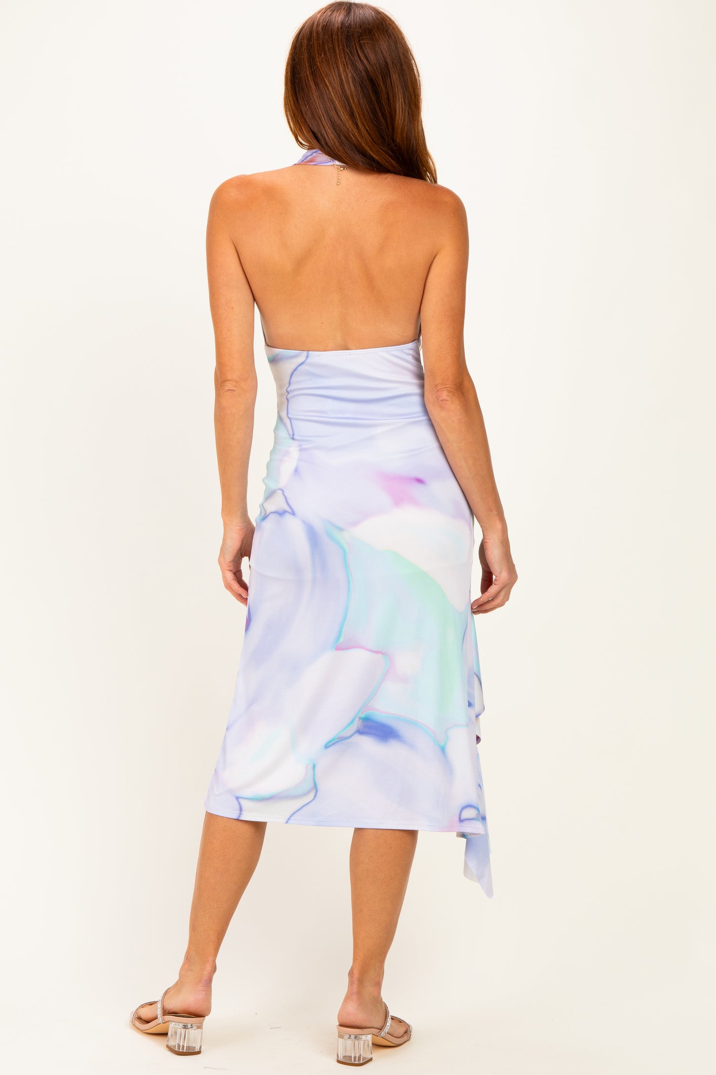 Lilac Print Asymmetrical Halter Midi Dress