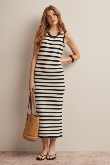 Navy Striped Crochet Knit Midi Dress