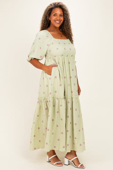 Mint Floral Smocked Puff Sleeve Plus Maxi Dress