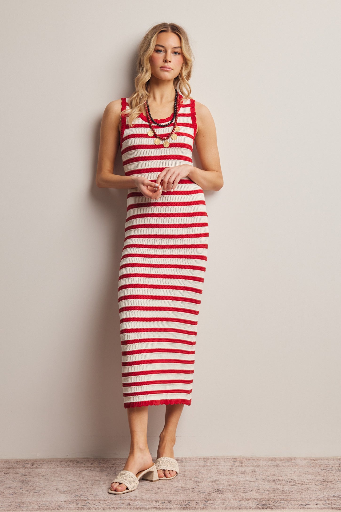 Red Striped Crochet Knit Midi Dress