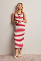 Red Striped Crochet Knit Midi Dress