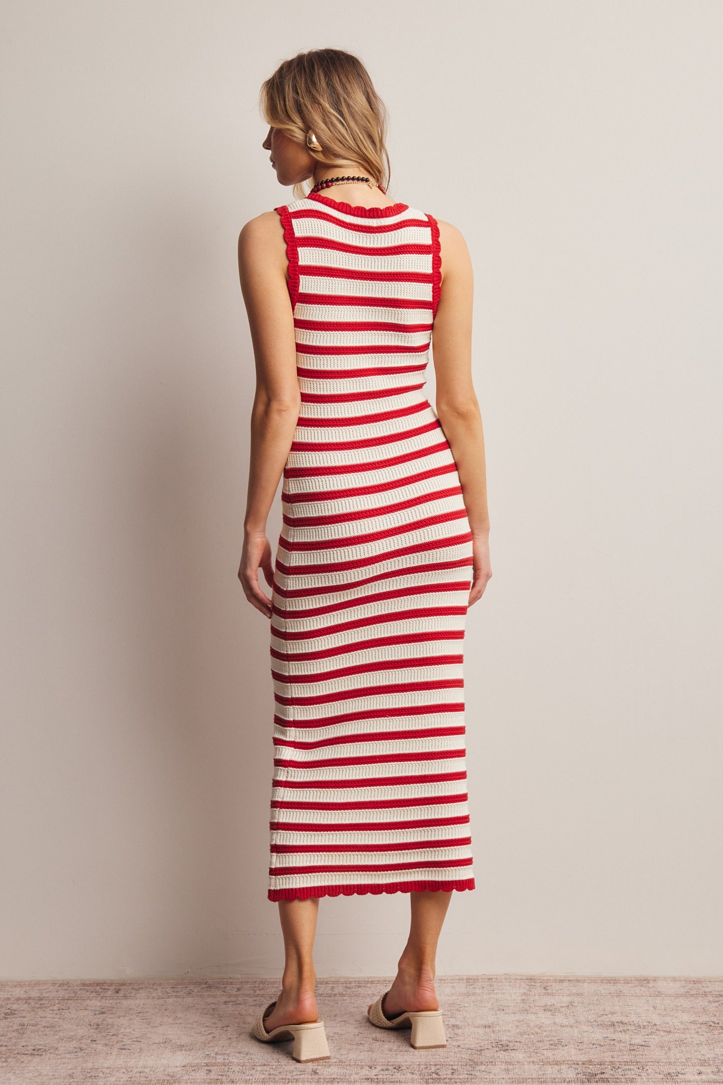 Red Striped Crochet Knit Midi Dress