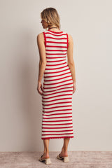 Red Striped Crochet Knit Midi Dress