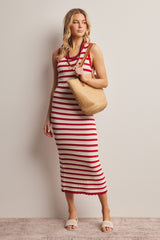 Red Striped Crochet Knit Midi Dress