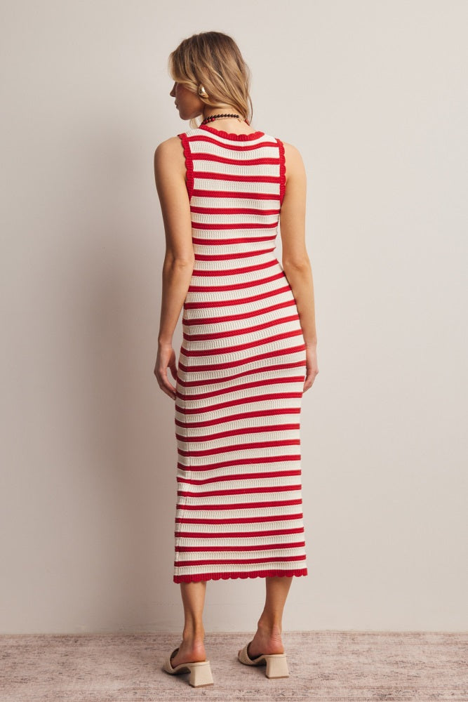Red Striped Crochet Knit Midi Dress