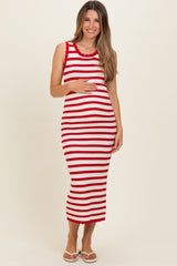 Red Striped Crochet Knit Maternity Midi Dress