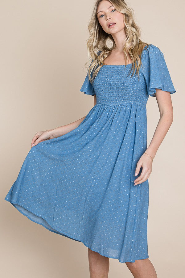 Blue Polka Dot Smocked Maternity Midi Dress