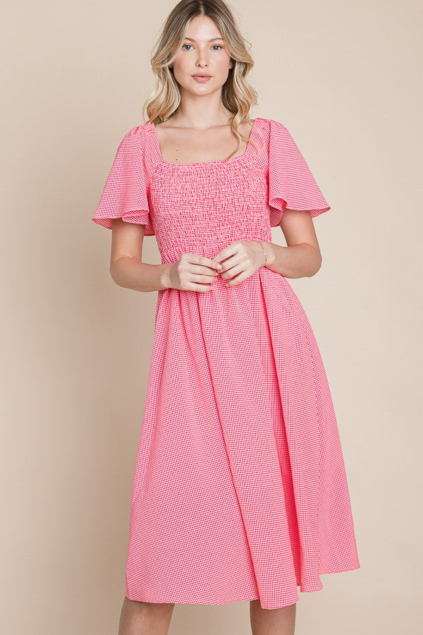 Red Gingham Smocked Midi Dress