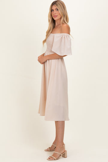 Biege Gingham Smocked Midi Dress
