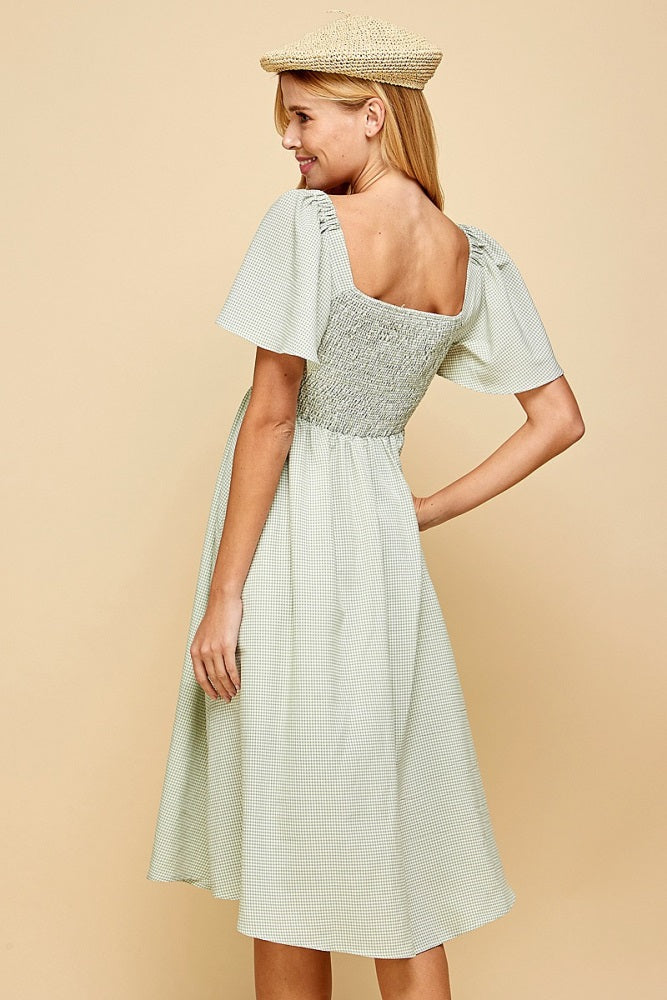 Light Sage Gingham Smocked Midi Dress