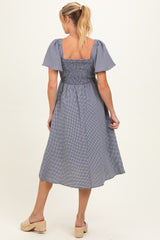 Navy Gingham Smocked Maternity Midi Dress