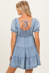 Light Blue Denim Washed Chambray Tiered Babydoll Maternity Mini Dress