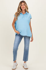 Light Blue Pigment Dye Sleeveless Polo Oversized Maternity Top