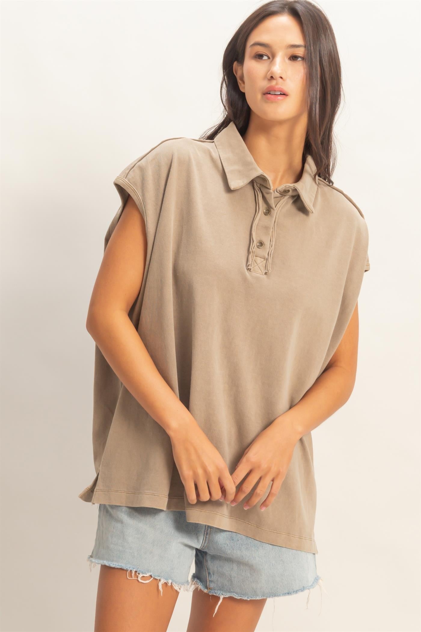 Mocha Pigment Dye Sleeveless Polo Oversized Maternity Top