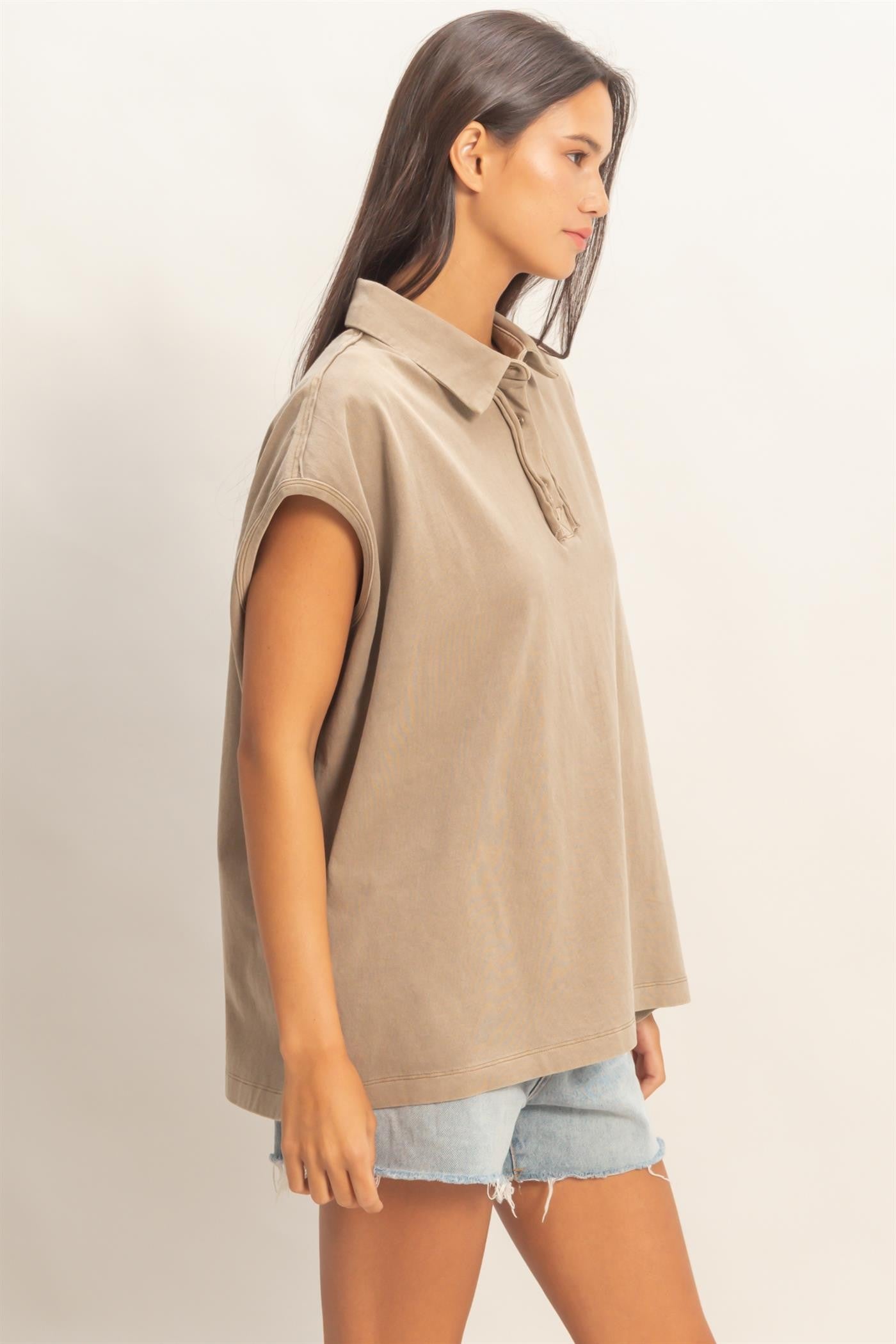 Mocha Pigment Dye Sleeveless Polo Oversized Top