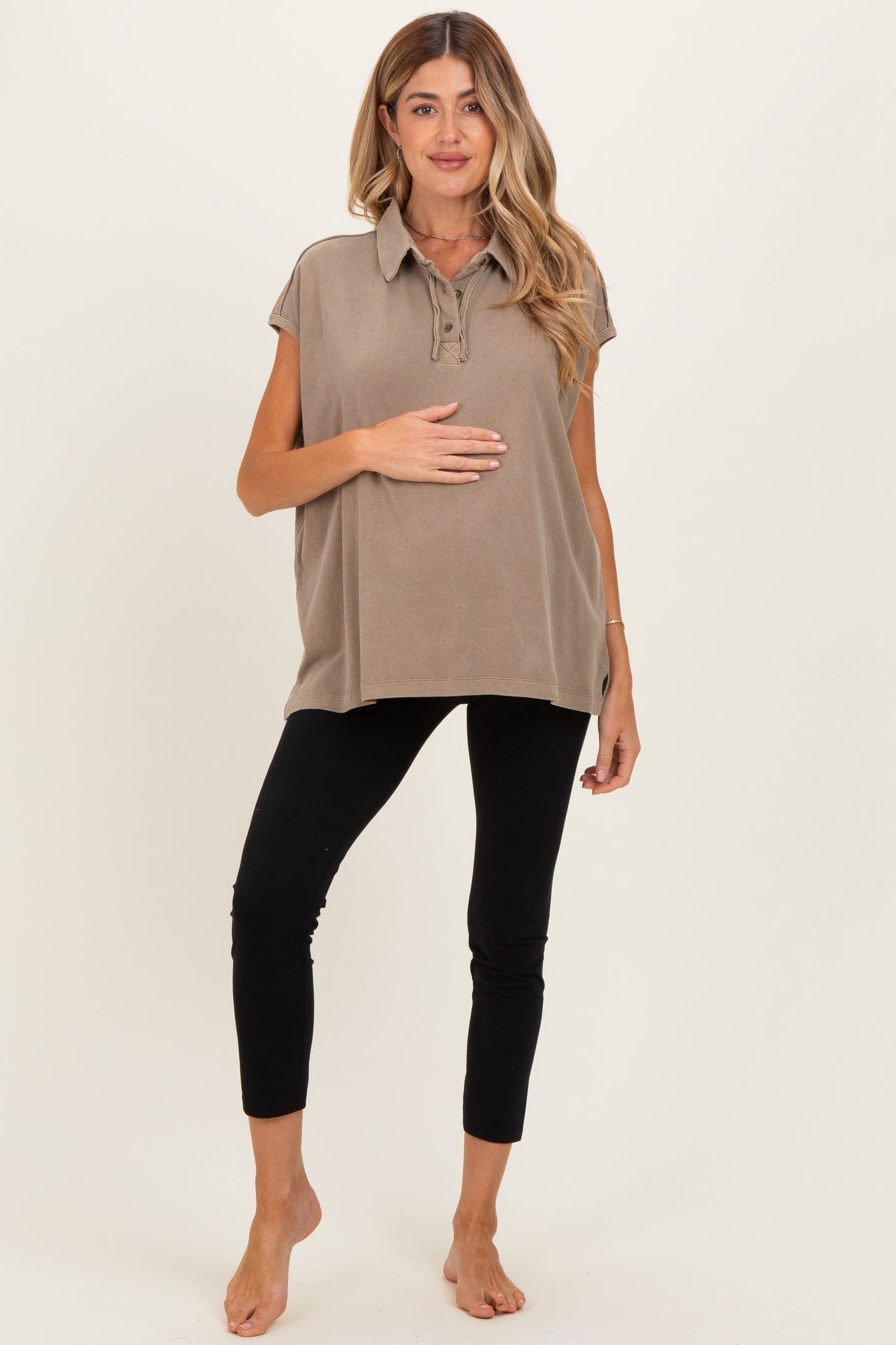 Mocha Pigment Dye Sleeveless Polo Oversized Maternity Top