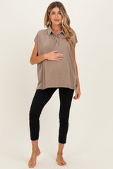 Mocha Pigment Dye Sleeveless Polo Oversized Maternity Top