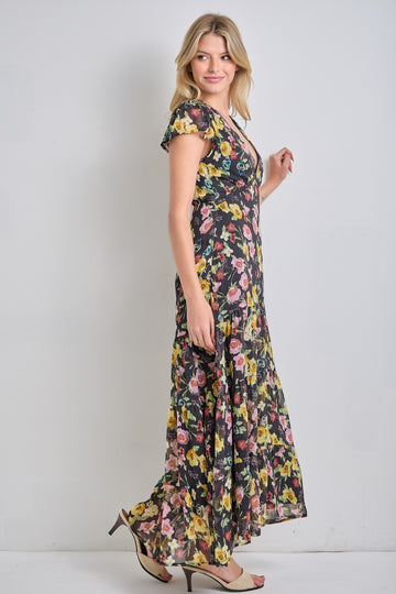Black Multi Floral Chiffon V Neck Midi Dress