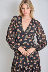 Black Floral Long Sleeve Midi Dress