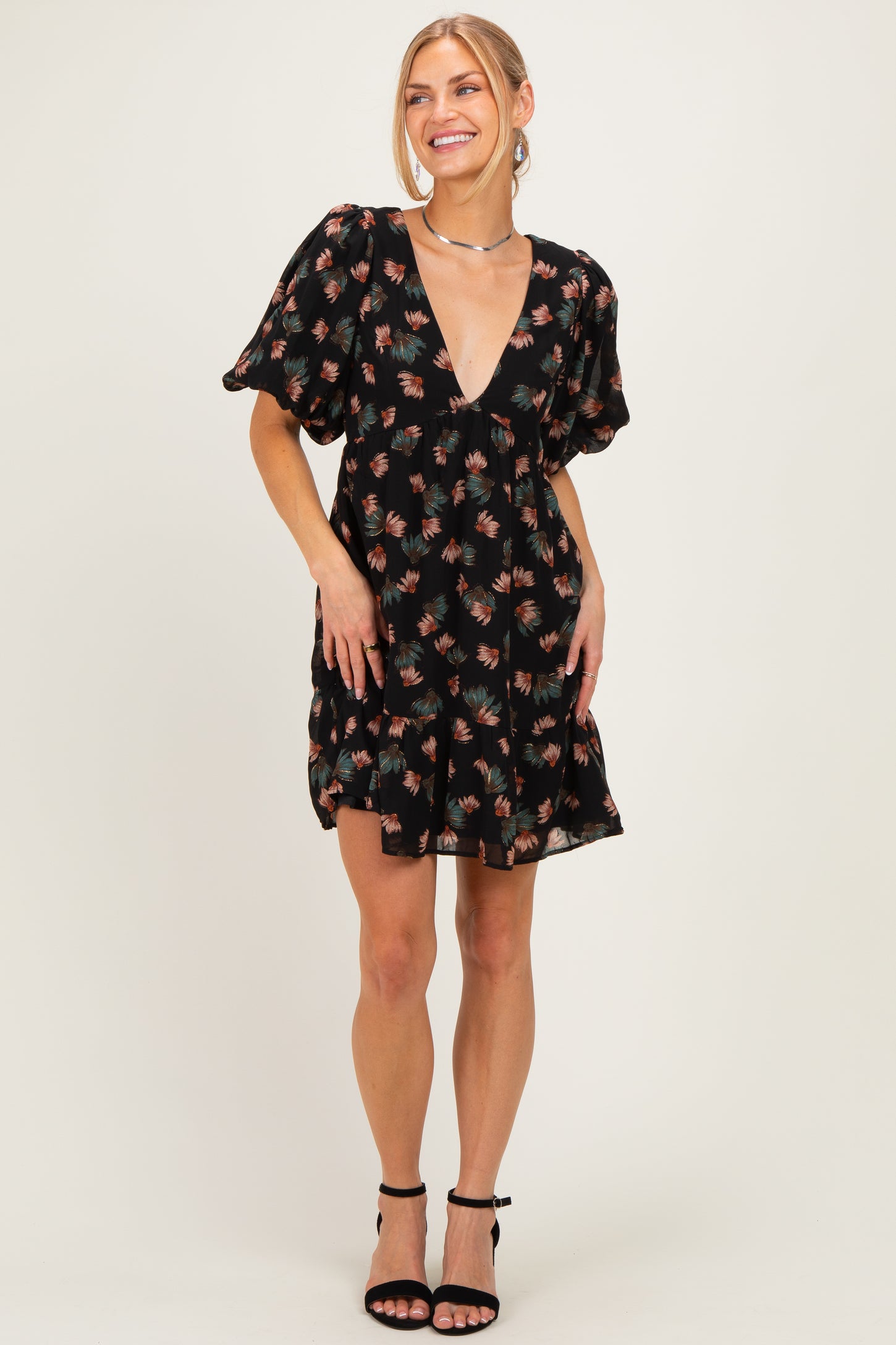 Black Floral Puff Sleeve Dress
