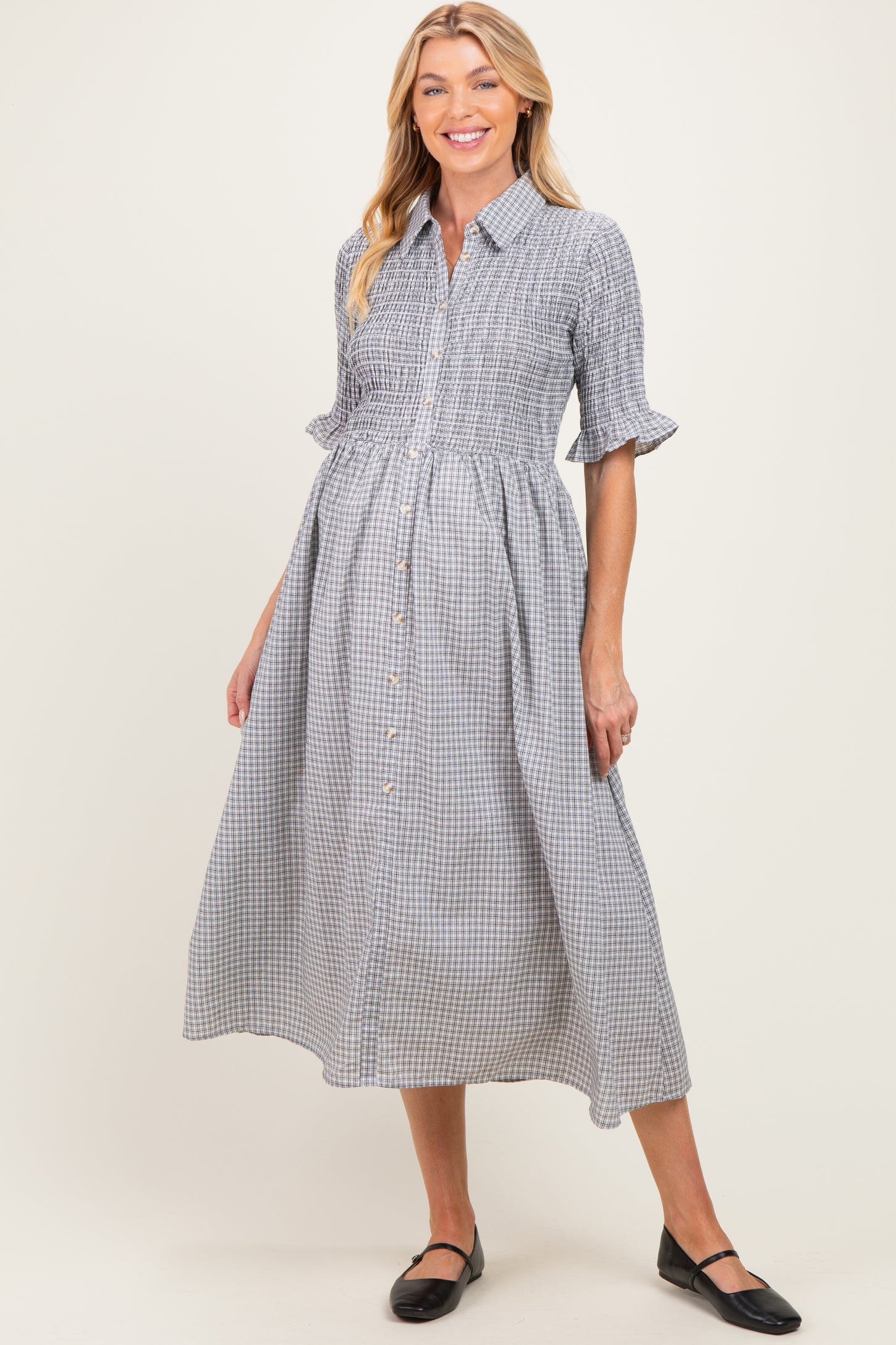 Black Gingham Smocked Button Down Maternity Midi Dress