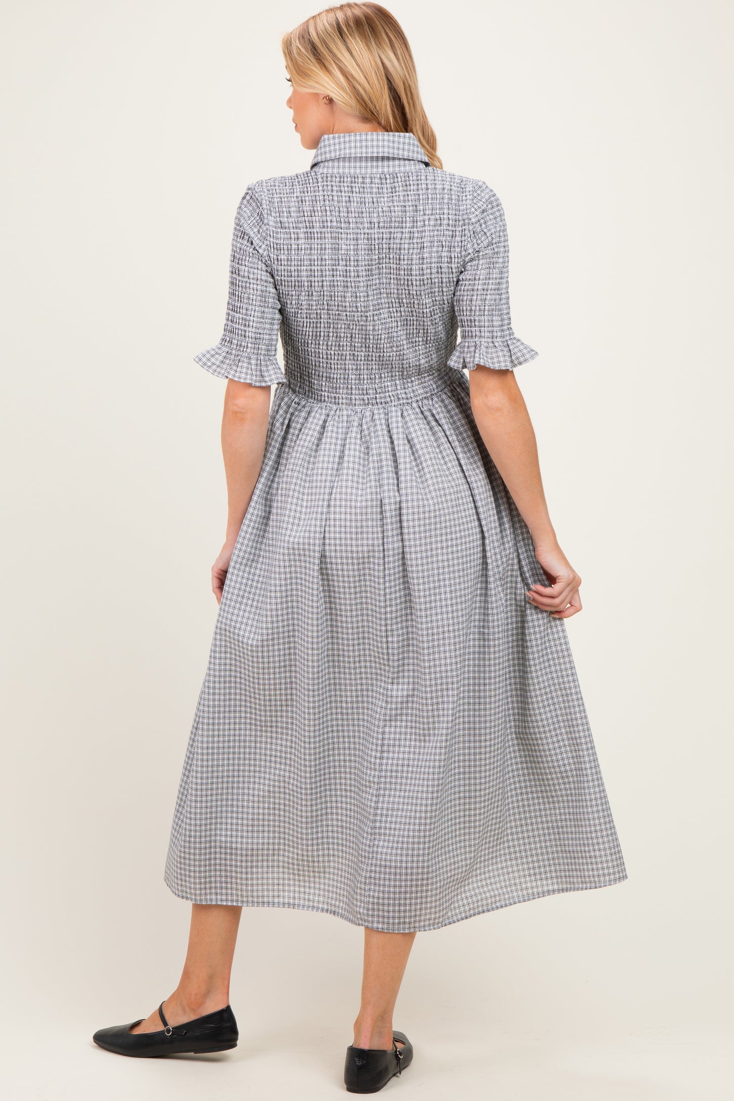 Black Gingham Smocked Button Down Maternity Midi Dress