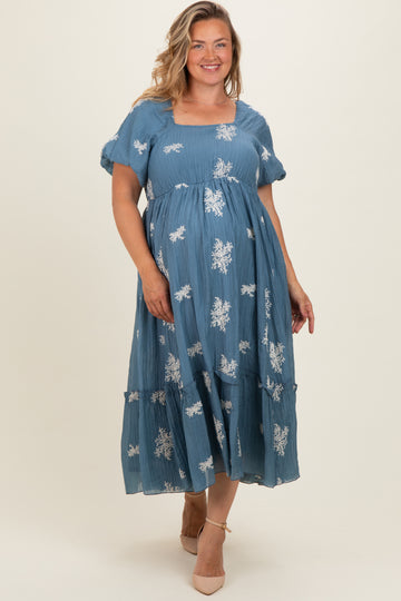 Dusty Blue Floral Print Ruffle Hem Maternity Plus Midi Dress