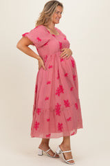 Dusty Mauve Floral Print Ruffle Hem Maternity Plus Midi Dress