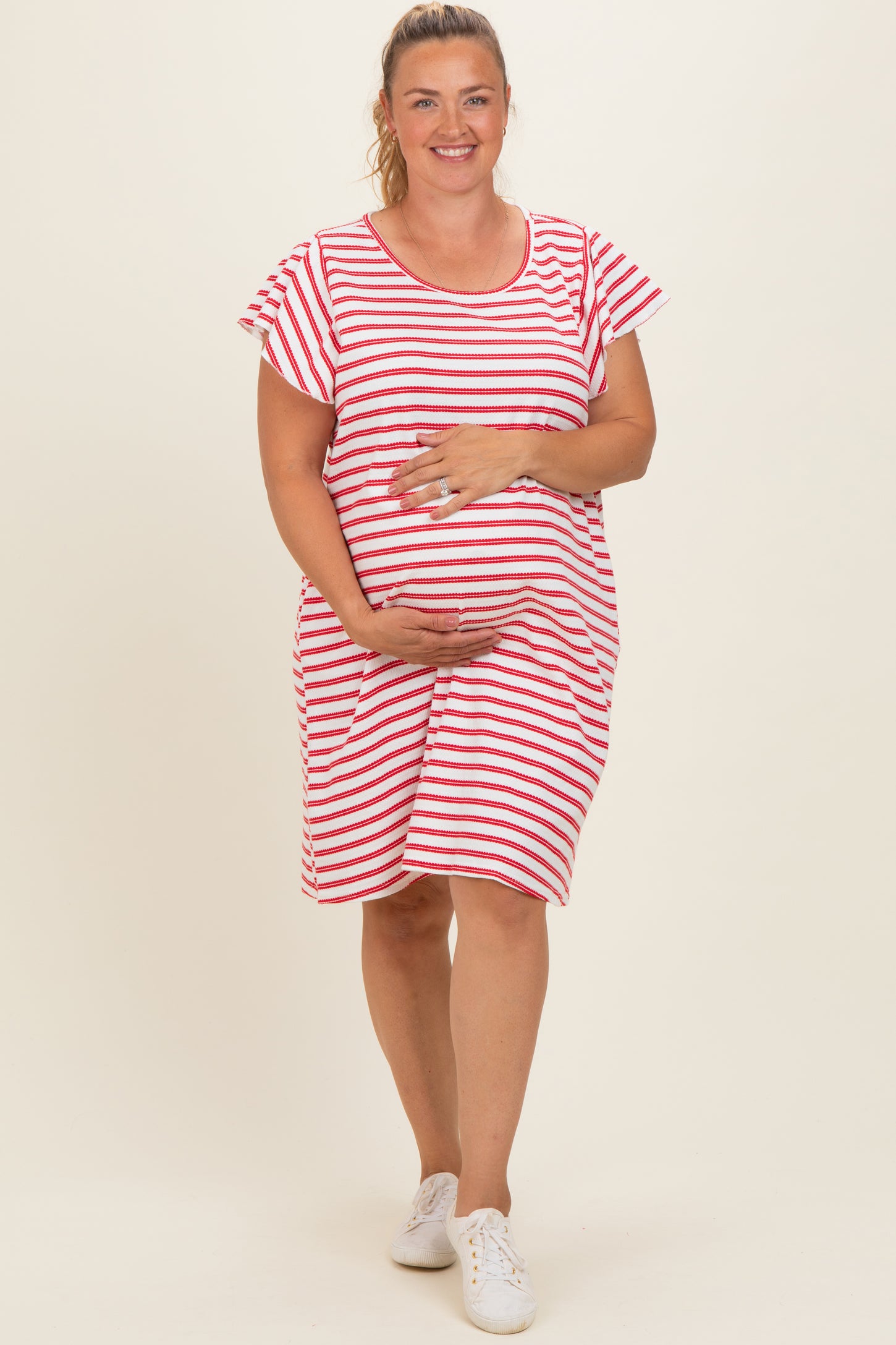 Red Striped Flutter Sleeve Maternity Plus T-Shirt Dress