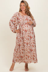 Cream Floral Square Neck Front Tie Maternity Plus Midi Dress