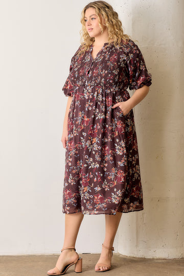 Brown Floral Smocked Button Down Plus Midi Dress