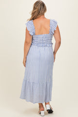 Blue Striped Smocked Maternity Plus Midi Dress