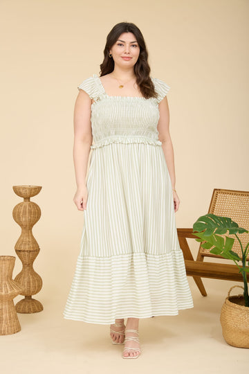 Light Olive Striped Smocked Plus Midi Dress