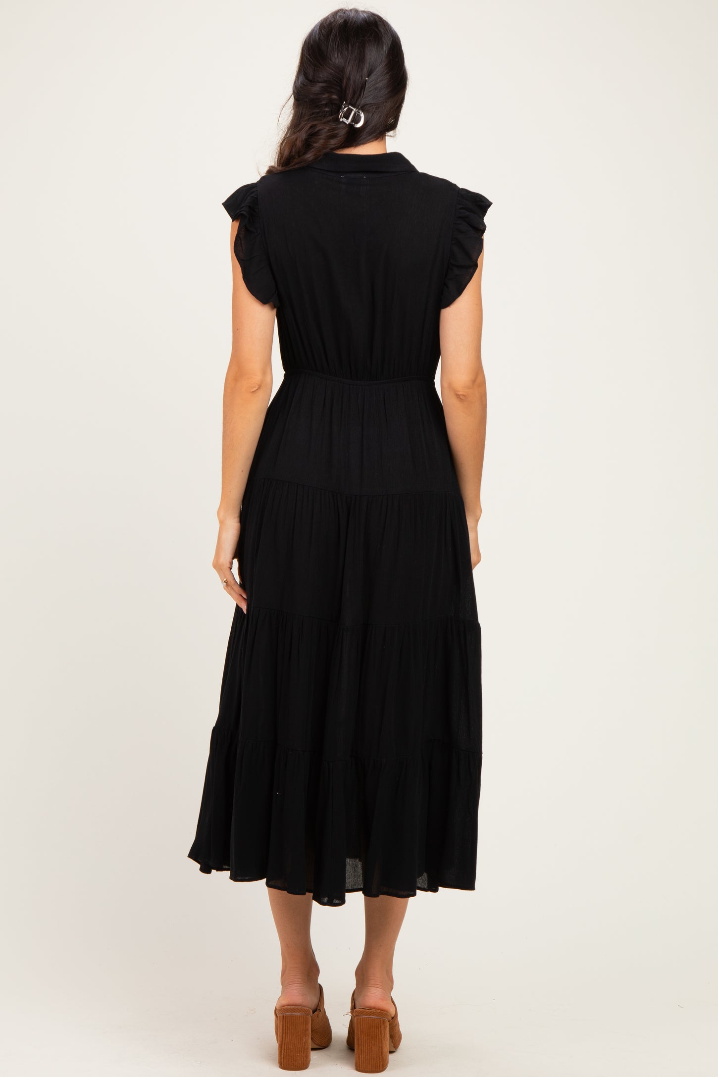 Black Button Up Ruffle Sleeve Tiered Maxi Dress