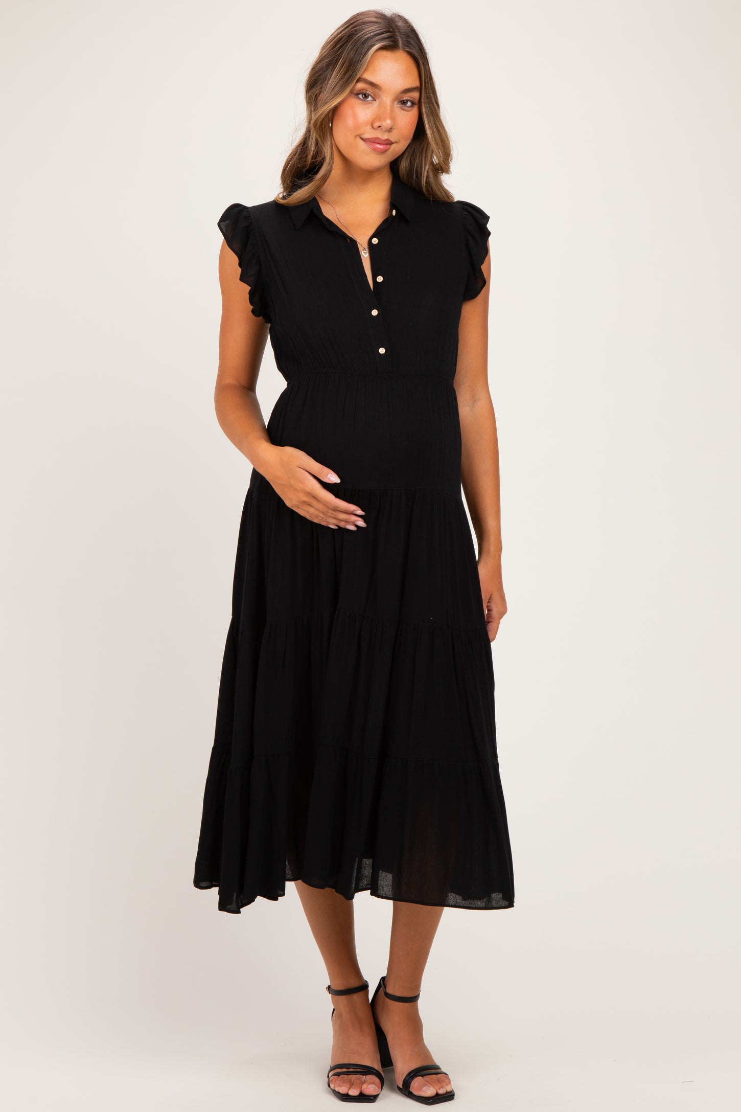 Black Button Up Ruffle Sleeve Tiered Maternity Maxi Dress