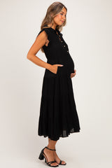 Black Button Up Ruffle Sleeve Tiered Maternity Maxi Dress