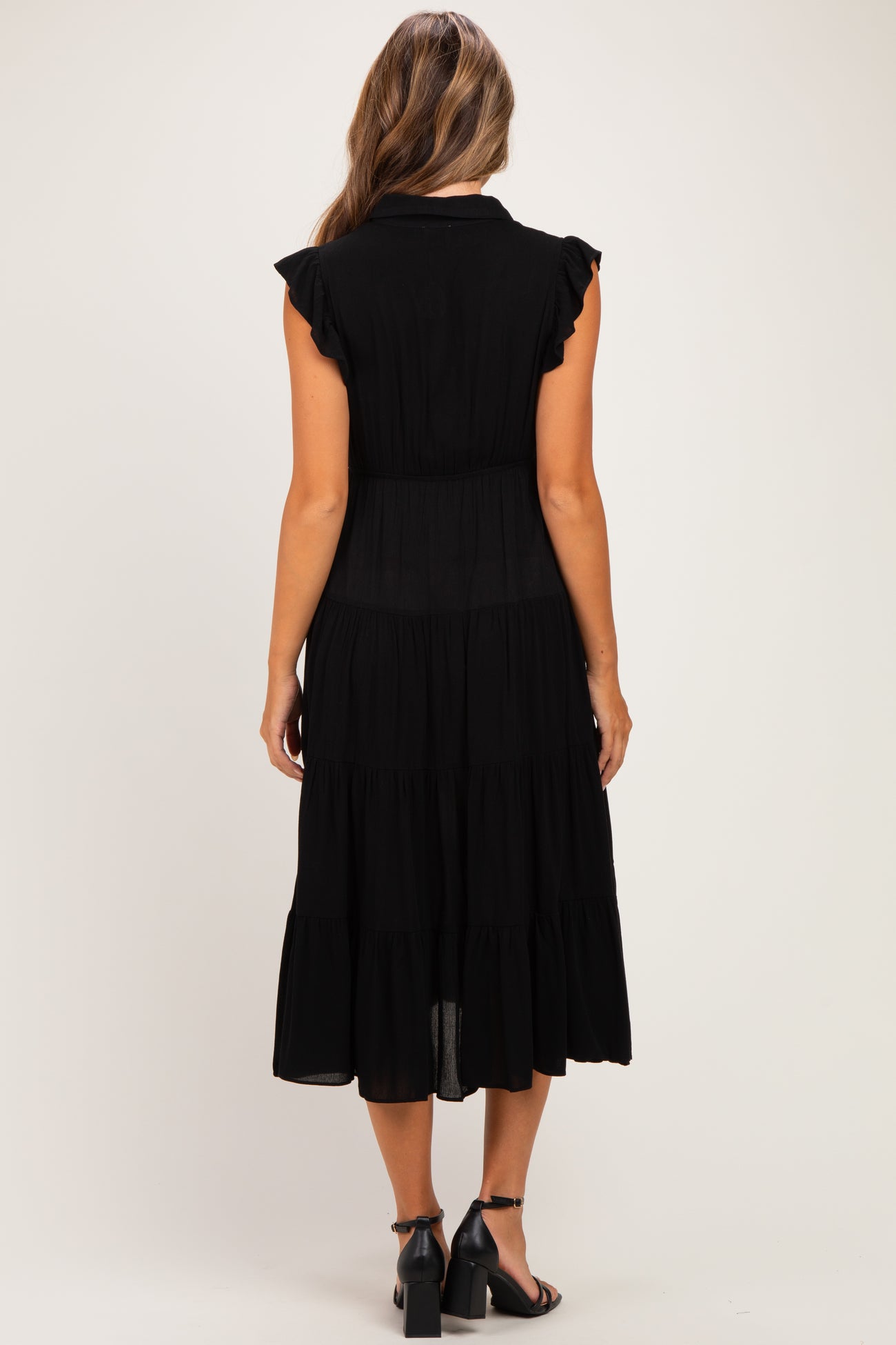 Black Button Up Ruffle Sleeve Tiered Maternity Maxi Dress