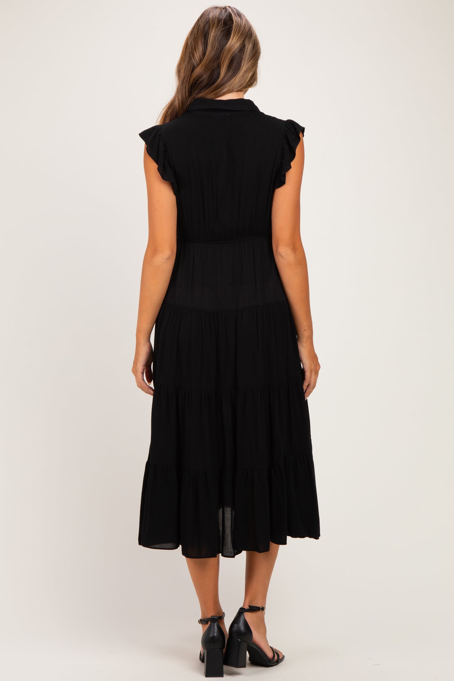 Black Button Up Ruffle Sleeve Tiered Maternity Maxi Dress
