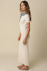 Natural Knit Denim Contrast Collar Maxi Dress
