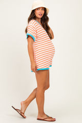 Orange Waffle Knit V-Neck Short Sleeve Maternity Romper