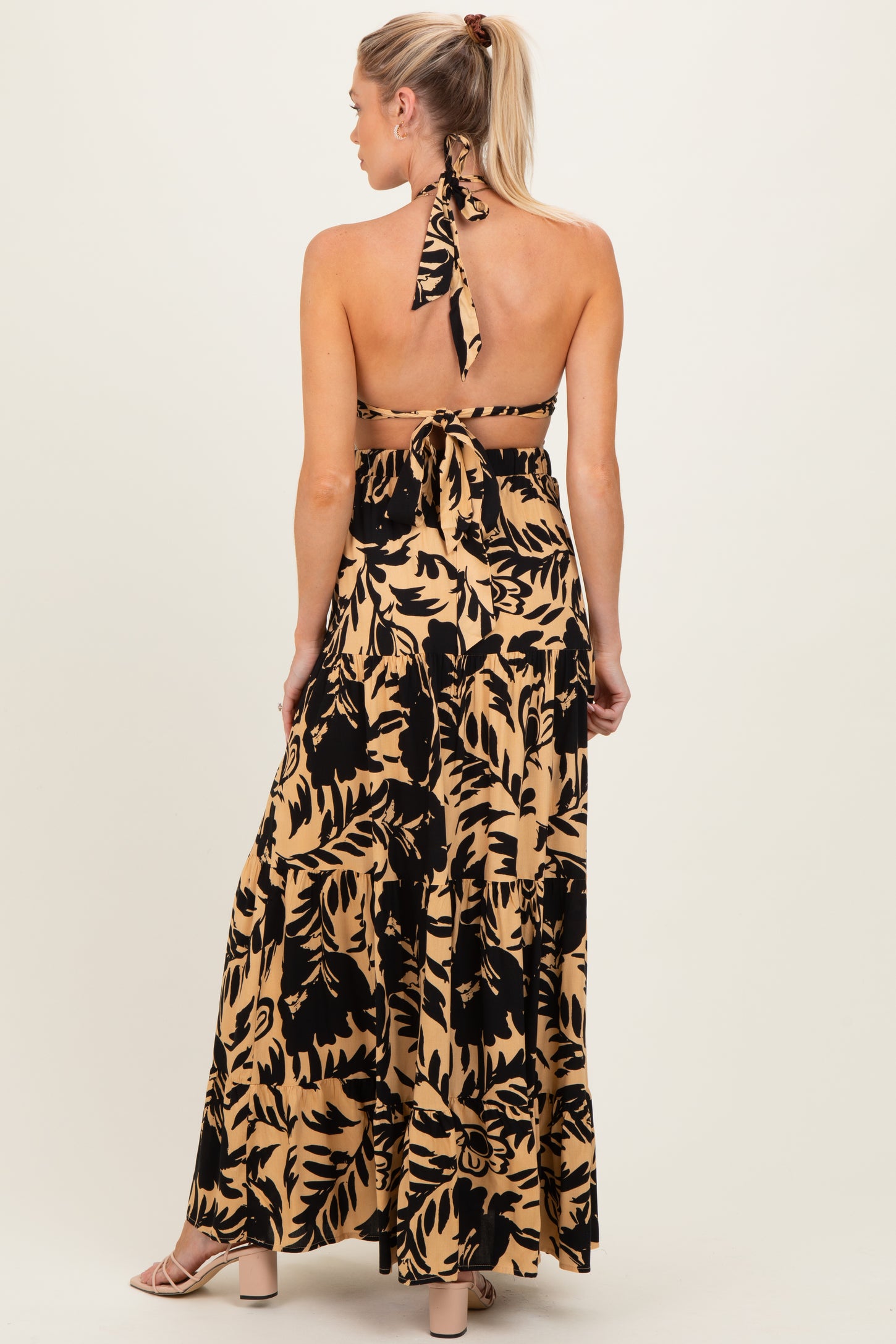 Black Floral Halter Cutout Open Back Maternity Maxi Dresses