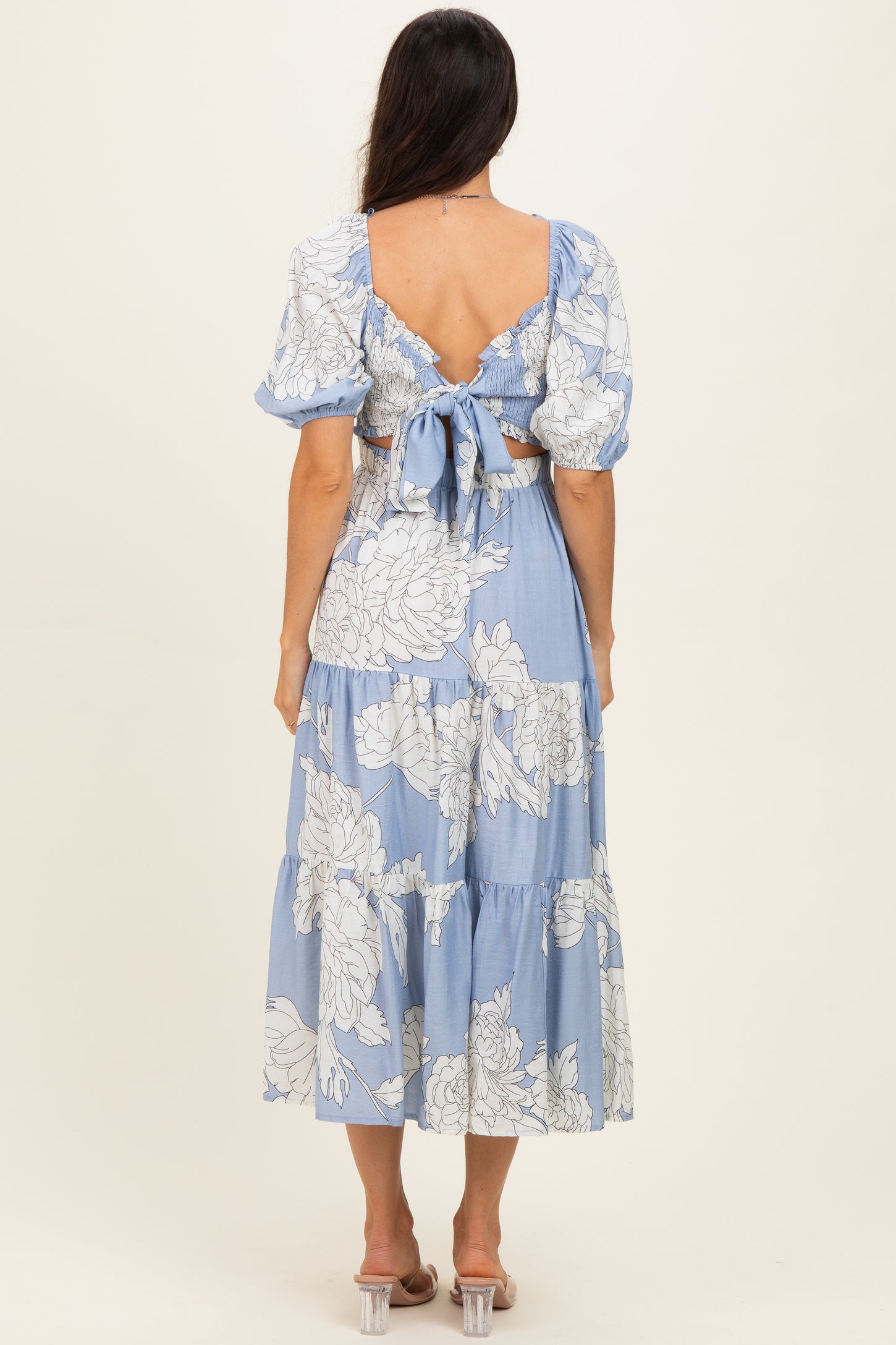 Light Blue Floral Cutout Tie Back Midi Dress