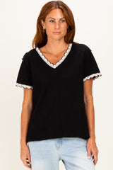 Black Waffle Knit Crochet Trim Maternity Top