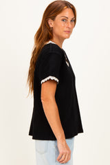 Black Waffle Knit Crochet Trim Top