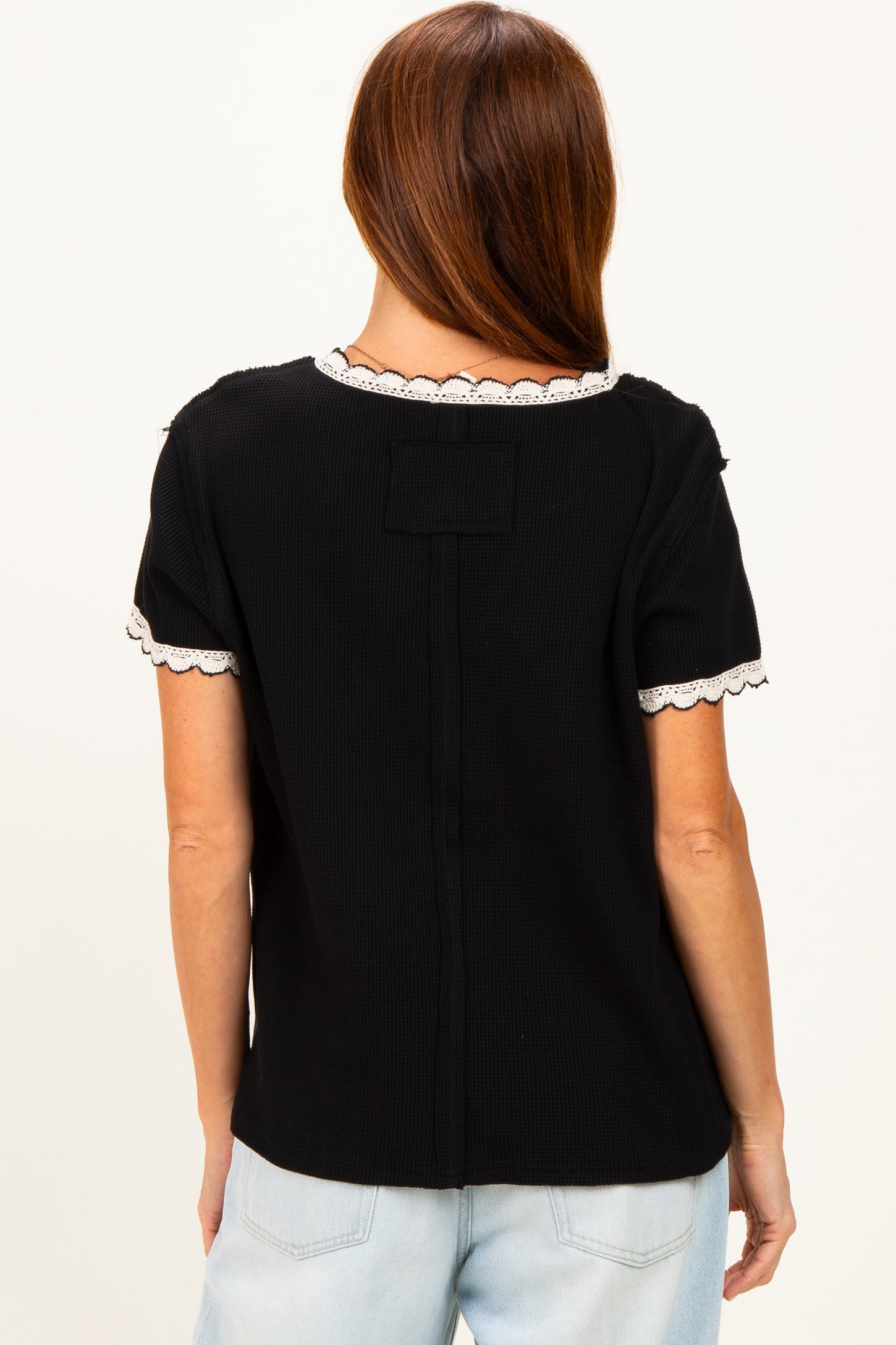 Black Waffle Knit Crochet Trim Top
