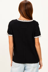 Black Waffle Knit Crochet Trim Top